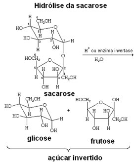 Síntese de hidrólise da sacarose para a formação do açúcar invertido.